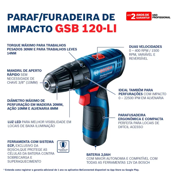 PARAFUSADEIRA E FURADEIRA 12V GSB 120LI + MALETA E  BATERIA