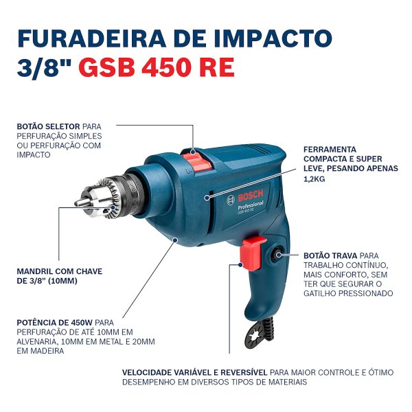 FURADEIRA IMPACTO GSB 450 RE 450W 127V + 3 BROCAS