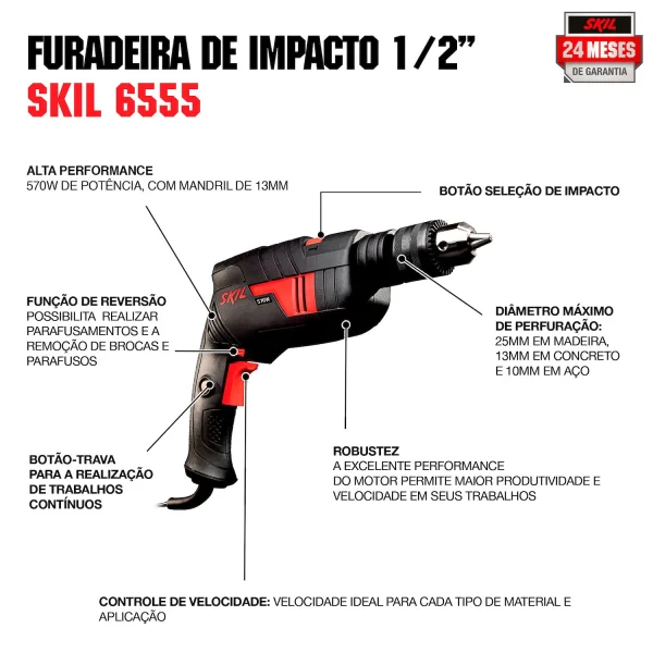 FURADEIRA IMPACTO 1/2 SKIL 6555 570W VVRE 127V