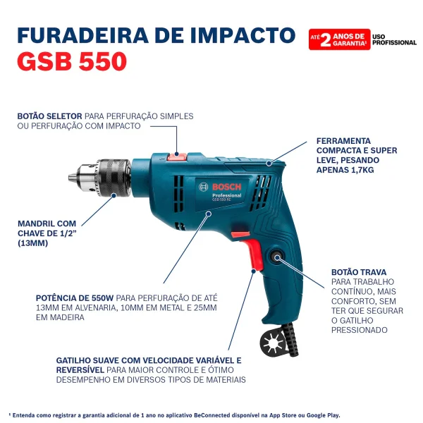 FURADEIRA DE IMPACTO GSB 550 RE 550W 127V +14 ACESSORIOS