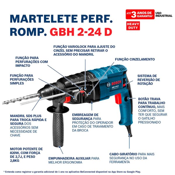 MARTELETE  PERFURADOR ROMPEDOR GBH 224 D 820W 127V+MALETA