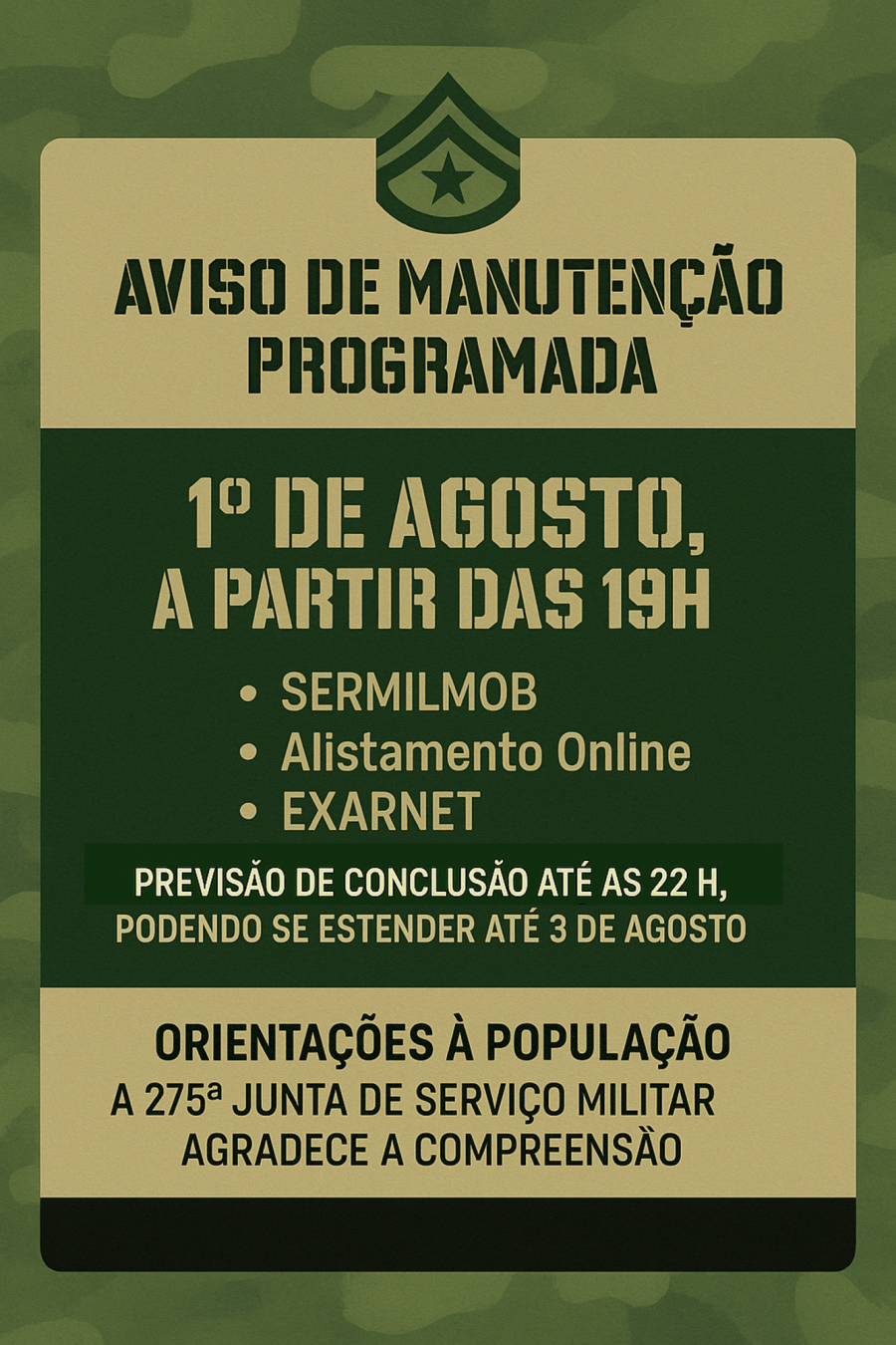 SISTEMAS DE SERVI�O MILITAR PASSAR�O POR MANUTEN��O PROGRAMADA