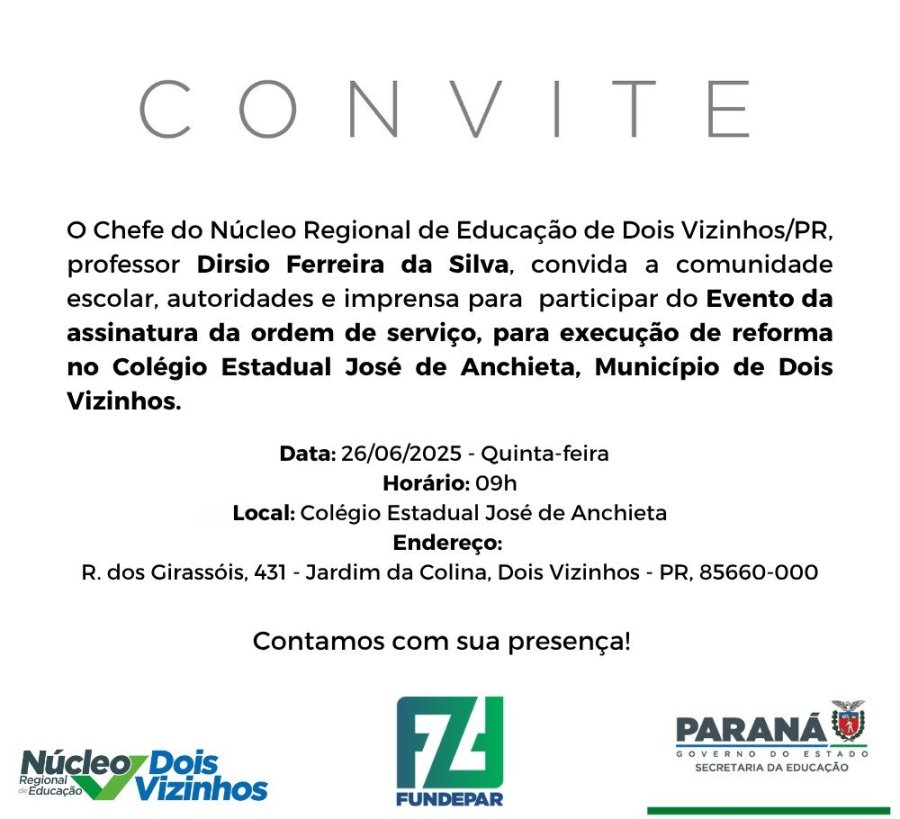 PREFEITURA CONVIDA POPULA��O PARA ASSINATURA DA ORDEM DE SERVI�O DE REFORMA DO COL�GIO ESTADUAL JOS� DE ANCHIETA