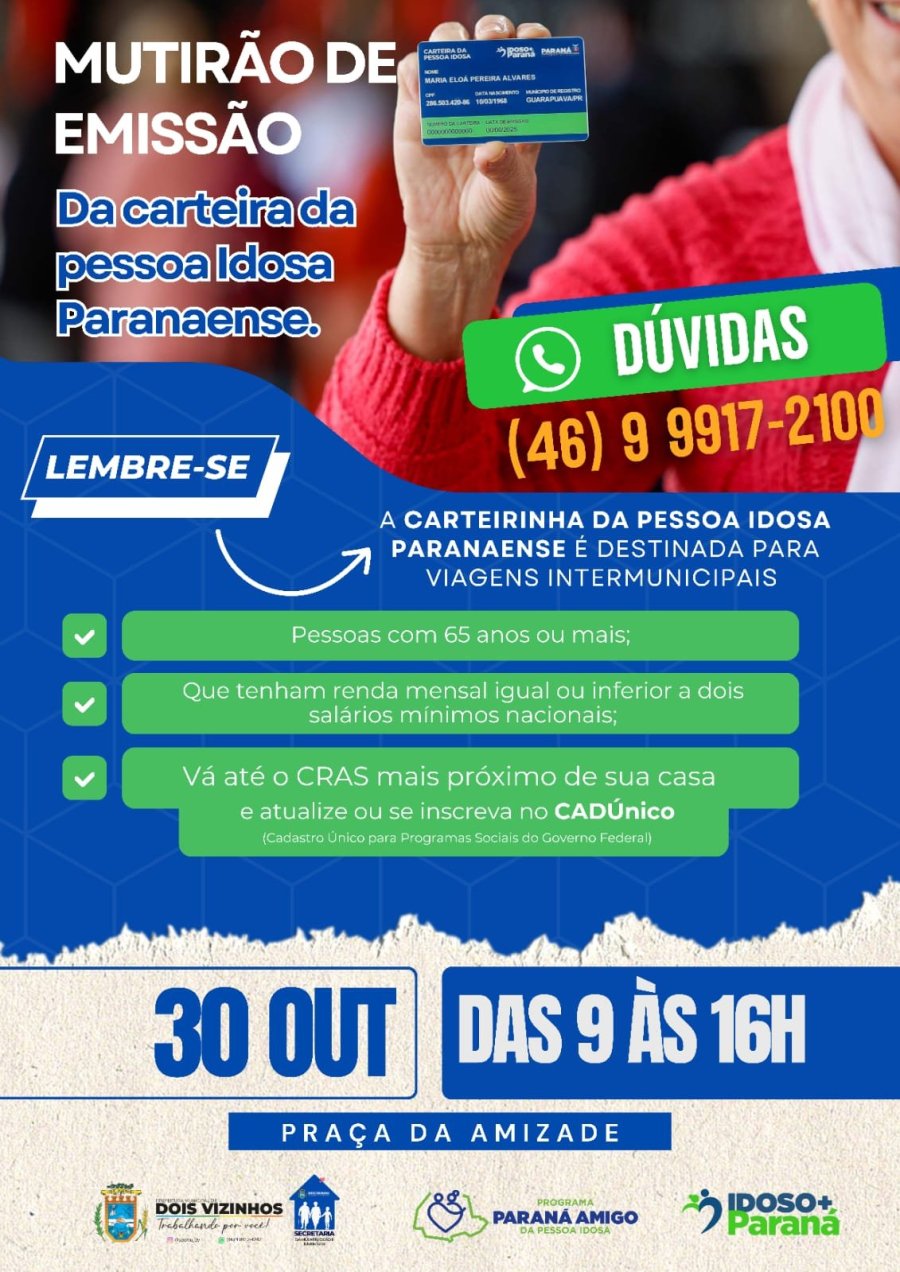 NESTA QUINTA TEM MUTIR�O DA PESSOA IDOSA EM DOIS VIZINHOS