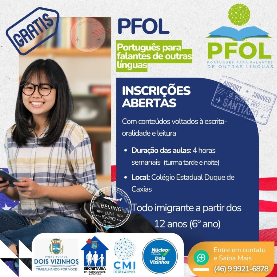 DOIS VIZINHOS AMPLIA ENSINO DE PORTUGU�S PARA IMIGRANTES E ABRE NOVAS TURMAS EM 2026