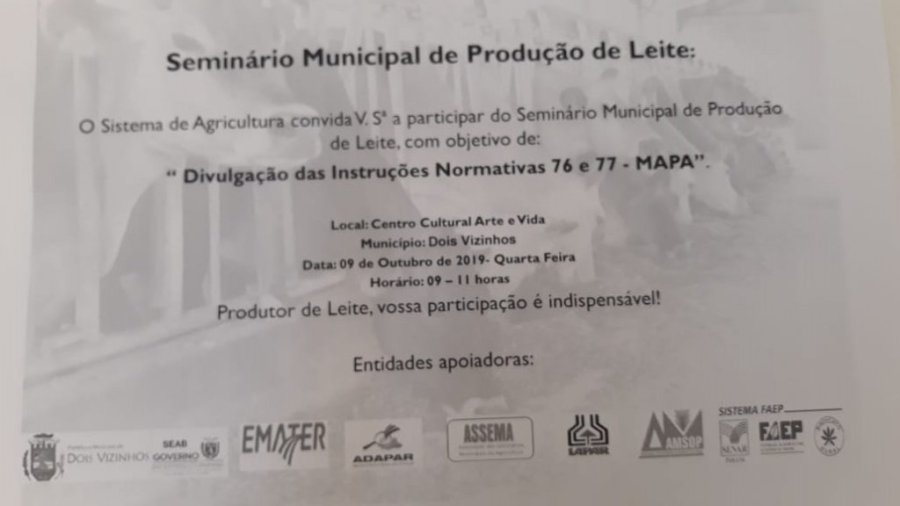 Dois Vizinhos Vai Realizar Semin�rio Sobre Produ��o de Leite Com Base nas Instru��es Normativas 76 e 77 do Mapa
