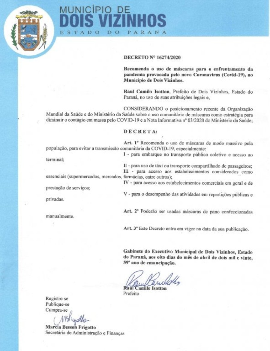Decreto Recomenda Uso de M�scaras no Munic�pio de Dois Vizinhos