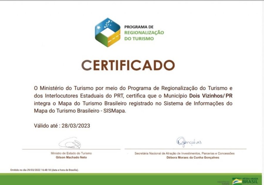 Dois Vizinhos Recebe Certificado do Minist�rio do Turismo