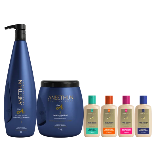 Kit Linha A Shampoo e M�scara (1L/Kg) + Cremes Silicone Cachos, Prote��o, Antidanos e Brilho 100mL