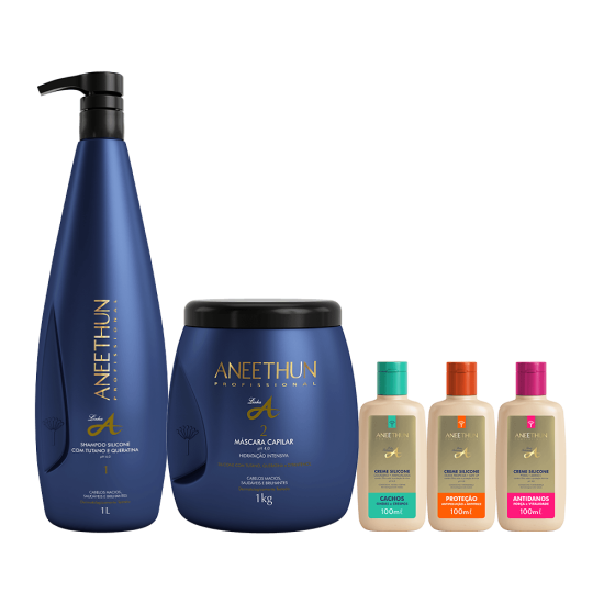 Kit Linha A Shampoo e M�scara (1L/Kg) + Cremes Silicone Cachos, Antidanos e Prote��o 100mL