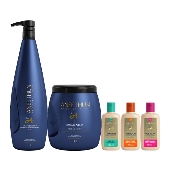 Kit Linha A Shampoo e M�scara (1L/Kg) + Cremes Silicone Cachos, Antidanos e Prote��o 100mL