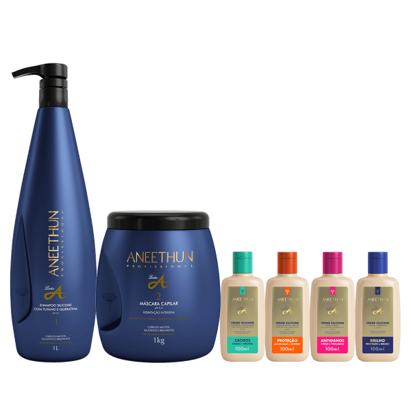 Kit Linha A Shampoo e M�scara (1L/Kg) + Cremes Silicone Cachos, Prote��o, Antidanos e Brilho 100mL
