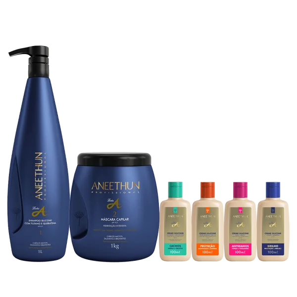 Kit Linha A Shampoo e M�scara (1L/Kg) + Cremes Silicone Cachos, Prote��o, Antidanos e Brilho 100mL