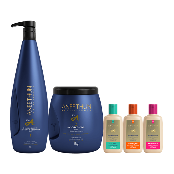 Kit Linha A Shampoo e M�scara (1L/Kg) + Cremes Silicone Cachos, Antidanos e Prote��o 100mL