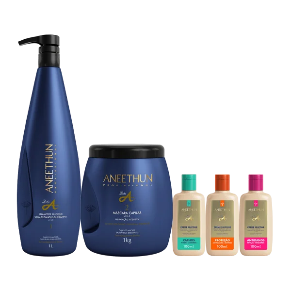 Kit Linha A Shampoo e M�scara (1L/Kg) + Cremes Silicone Cachos, Antidanos e Prote��o 100mL
