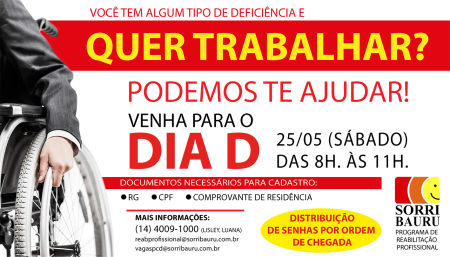 Saiba mais sobre SORRI-BAURU PROMOVE O �DIA D� PARA CADASTRO DE INCLUS�O DE PESSOAS COM DEFICI�NCIA NO MERCADO DE TRABALHO
