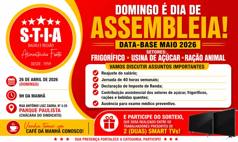 Assembleia da Data-Base Maio 2026 acontece neste domingo (26)