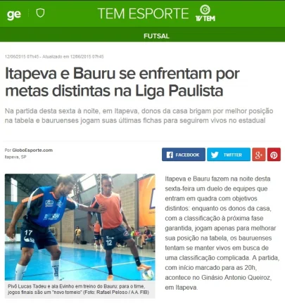 GloboEsporte.com destaca A.A. FIB na Liga Paulista