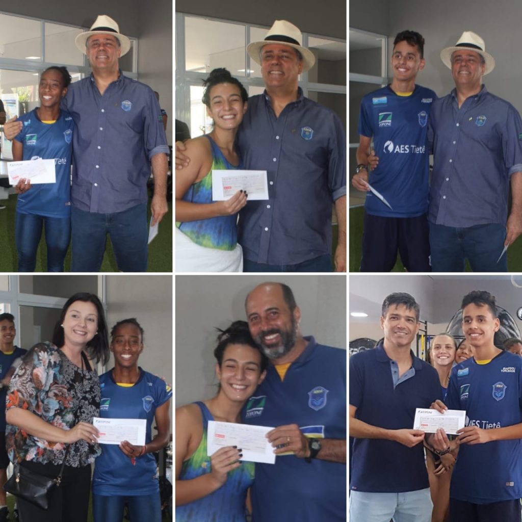 Receberam cheques de R$ 1.000: Jeovana Santos (atletismo), Victoria Brison (polo aqutico) e Samuel Vincius e Jeovana Santos (atletismo)