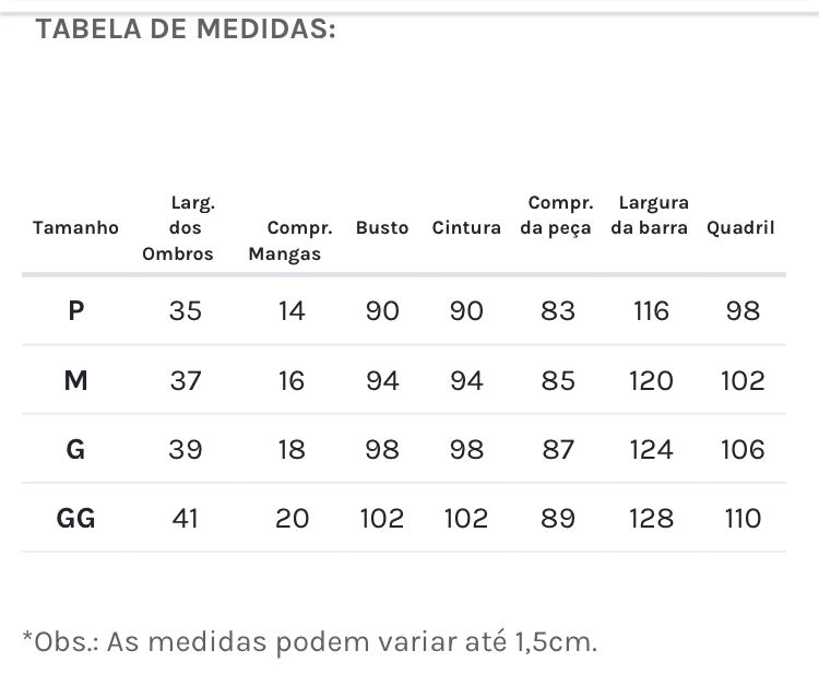 Tabela de Medidas