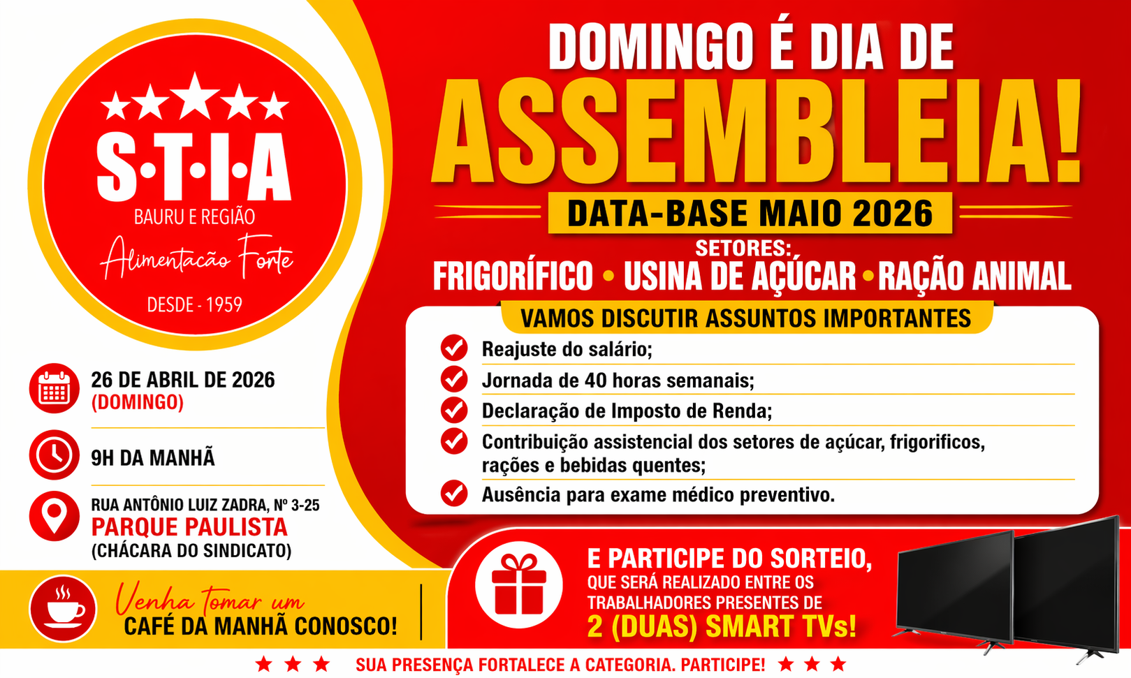 Assembleia da Data-Base Maio 2026 acontece neste domingo (26)