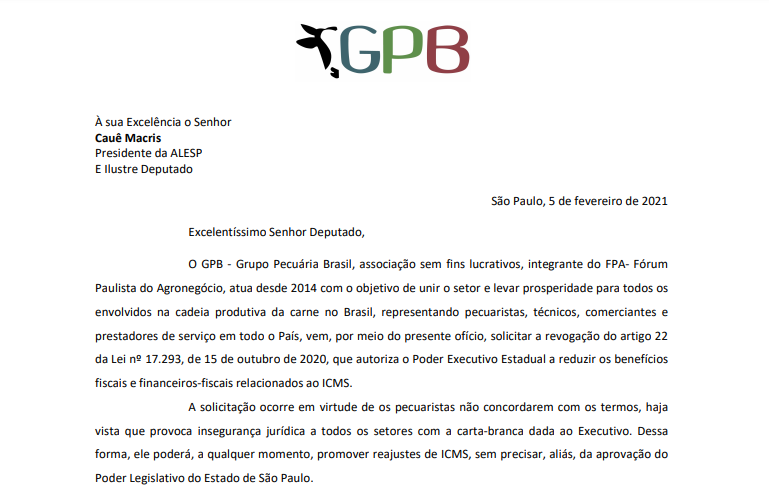 Em ofício encaminhado ao Legislativo, GPB solicita a revogação de lei que trata sobre o aumento do ICMS